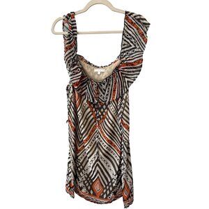Glam Ruffle Neck Tribal Print Dress Size Medium Scoop Neck Striped Multicolor